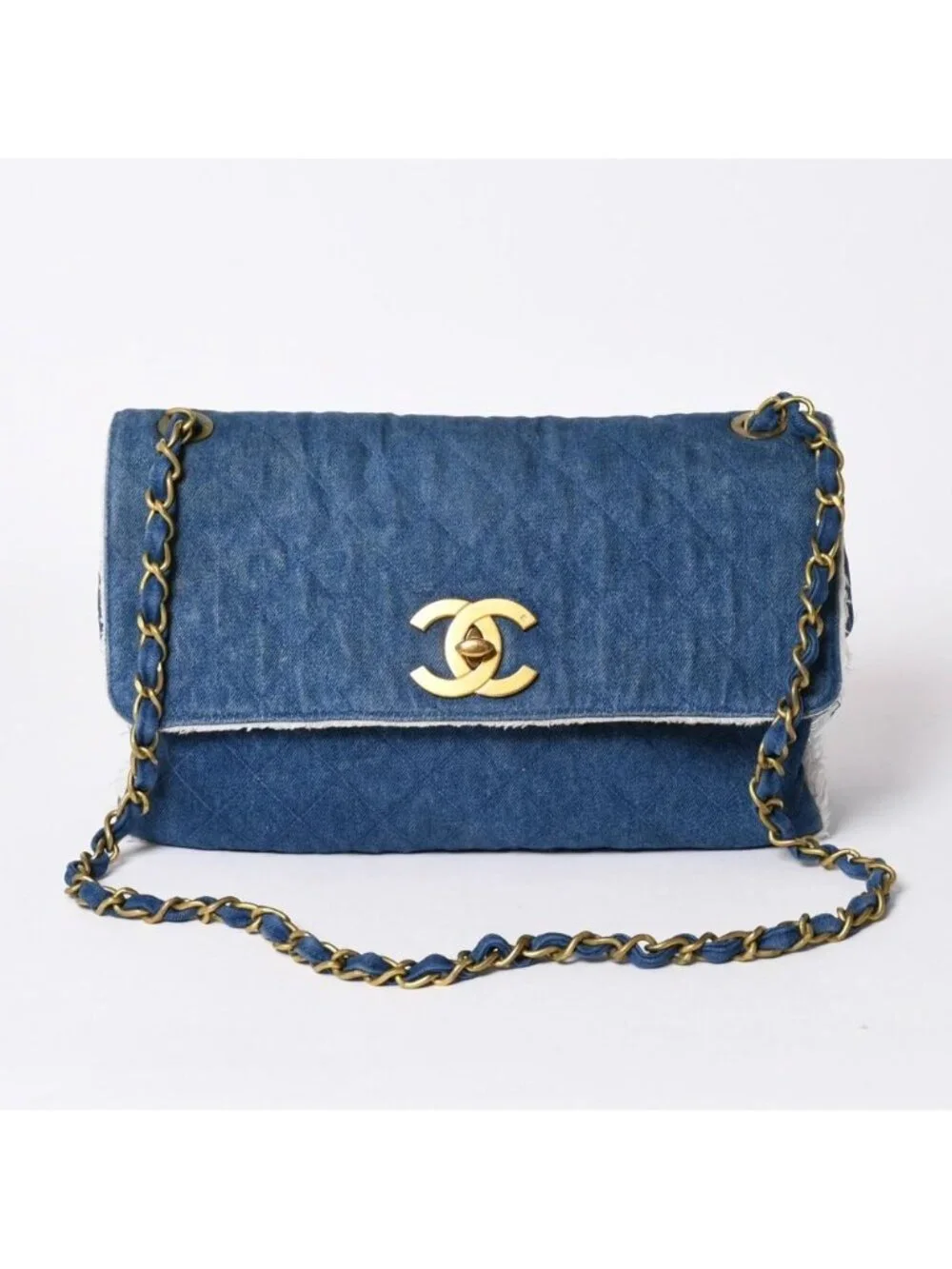 Chanel Chenel Maxi Quilted Single Flap Chain Shoulder Bag Denim Blue Gold